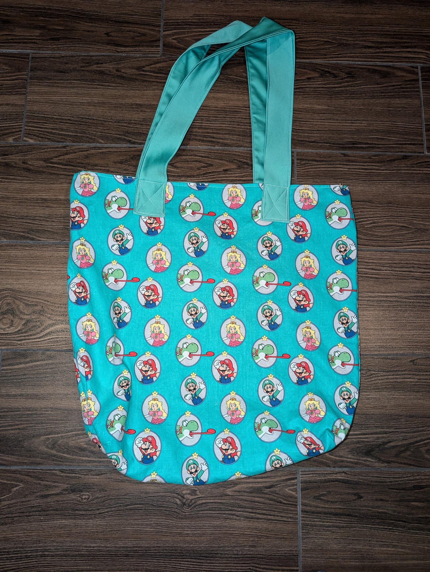 Mario Tote Bag, Video Game Tote Bag, Luigi, Peach, Yoshi, Green Cotton Tote Bag, Handmade, Gamer Tote Bag, Geeky, Nerdy, Gift Ideas