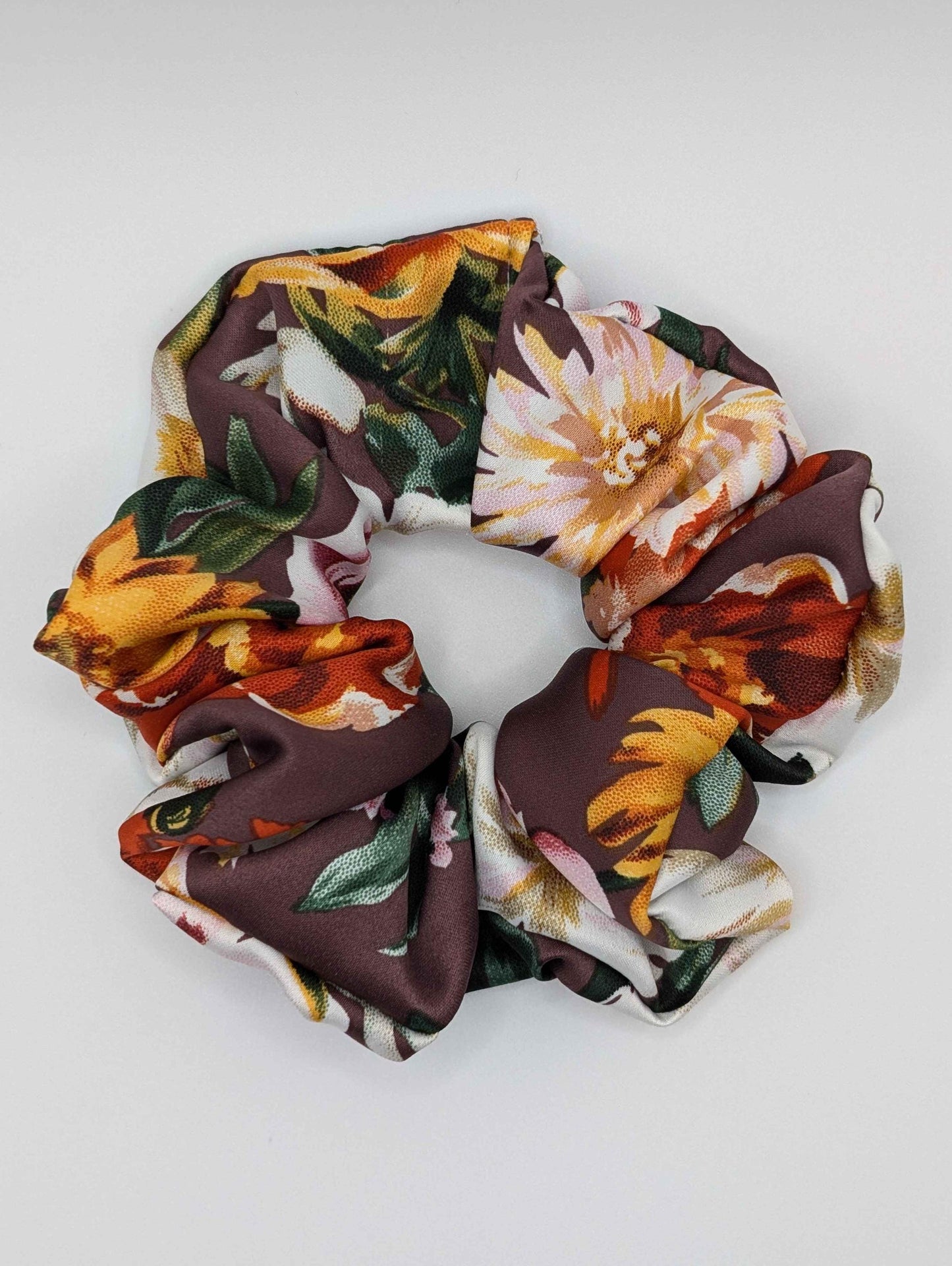 Dark Autumn Scrunchie, Sateen Scrunchie, Fall Florals, Autumn Scrunchie, Brown, White, Orange, Cozy Vibes, Pumpkin Patch Outfit, Classic