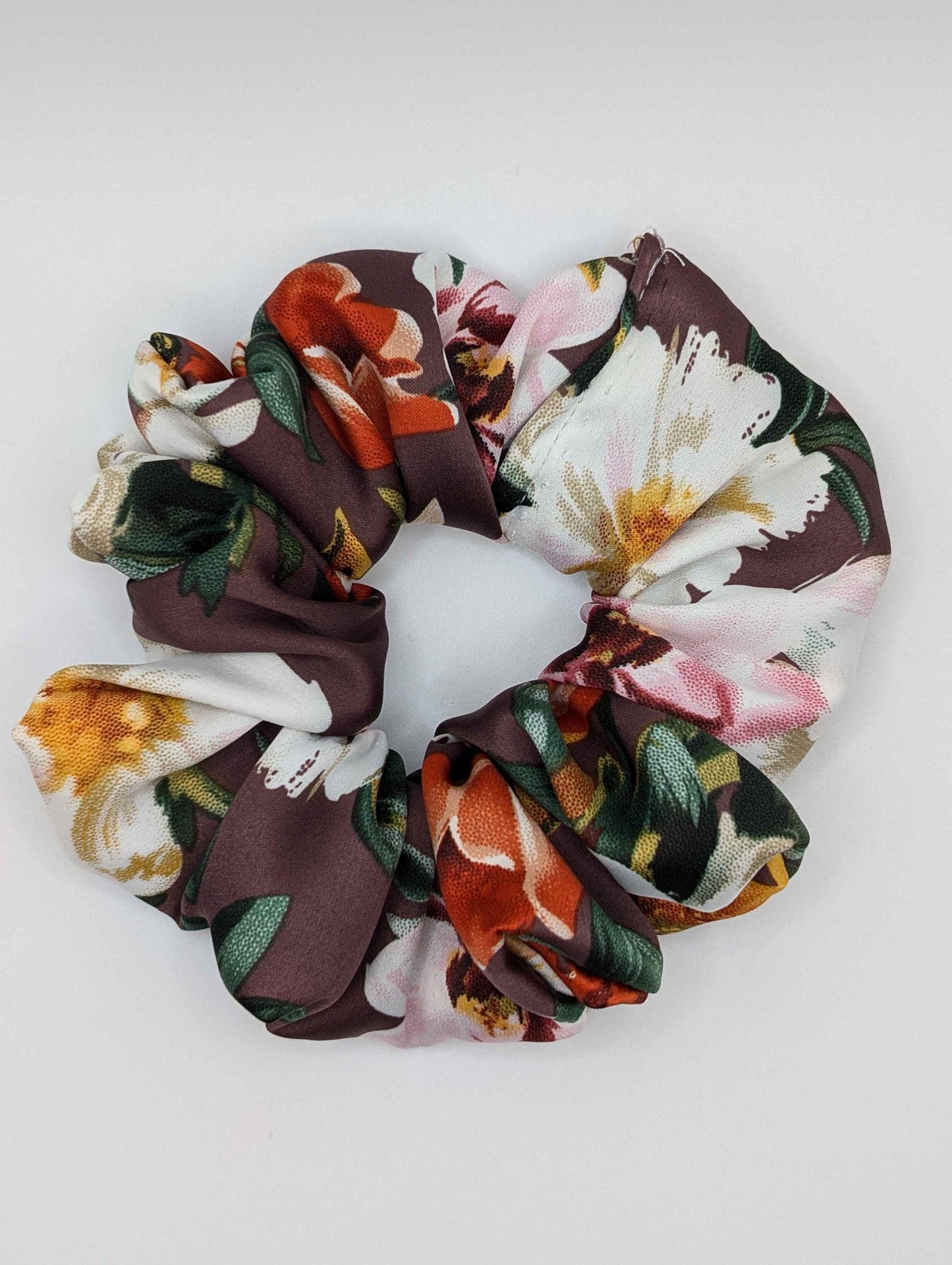 Dark Autumn Scrunchie, Sateen Scrunchie, Fall Florals, Autumn Scrunchie, Brown, White, Orange, Cozy Vibes, Pumpkin Patch Outfit, Classic