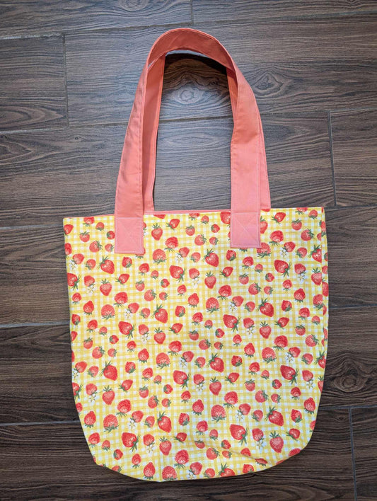 Yellow Strawberry Tote Bag, Yellow and Peach, Yellow Gingham, Summer Tote, Reusable Shopping Bag, Back to School, Purse, Tote, Soft Bag