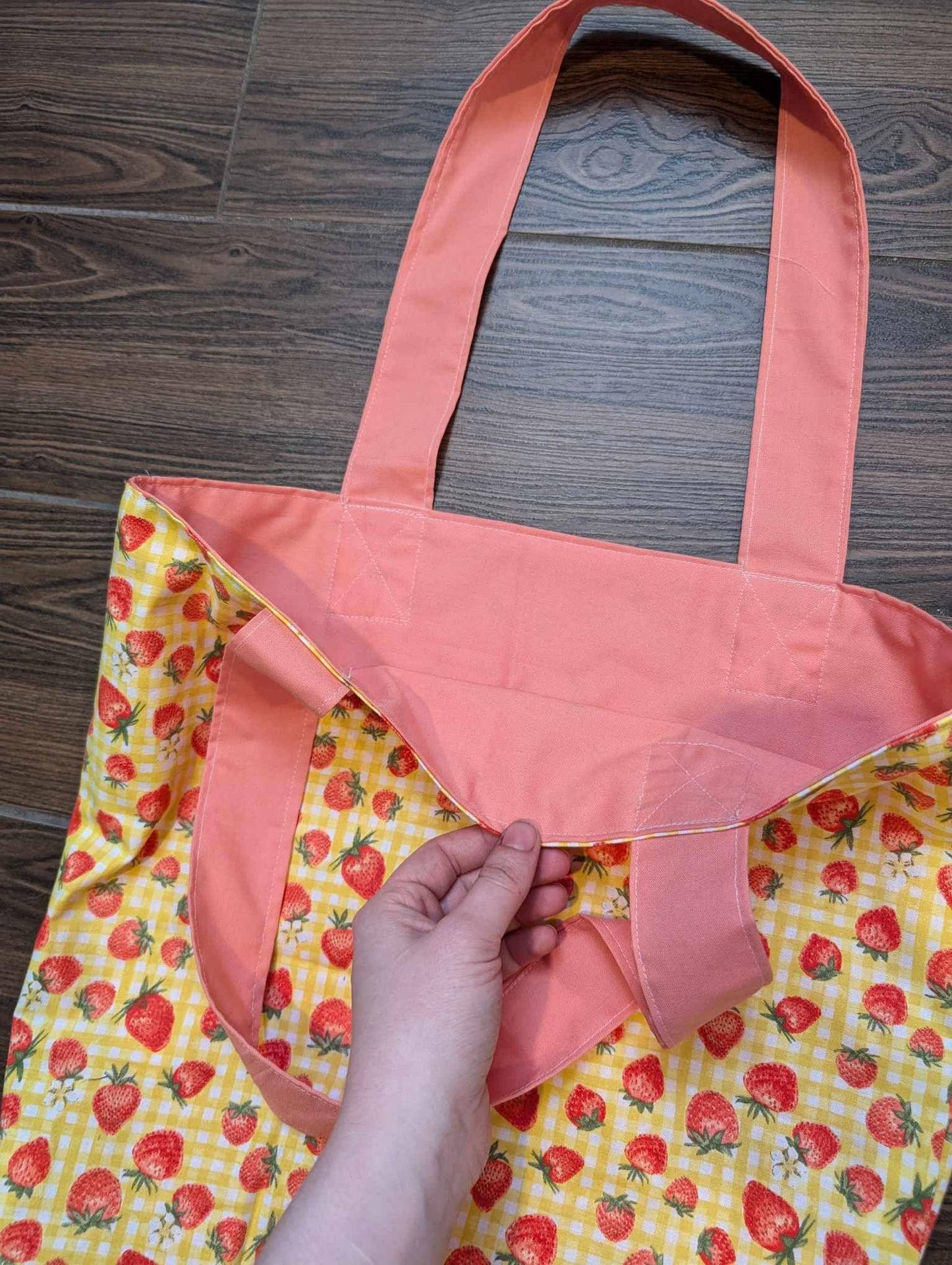 Yellow Strawberry Tote Bag, Yellow and Peach, Yellow Gingham, Summer Tote, Reusable Shopping Bag, Back to School, Purse, Tote, Soft Bag