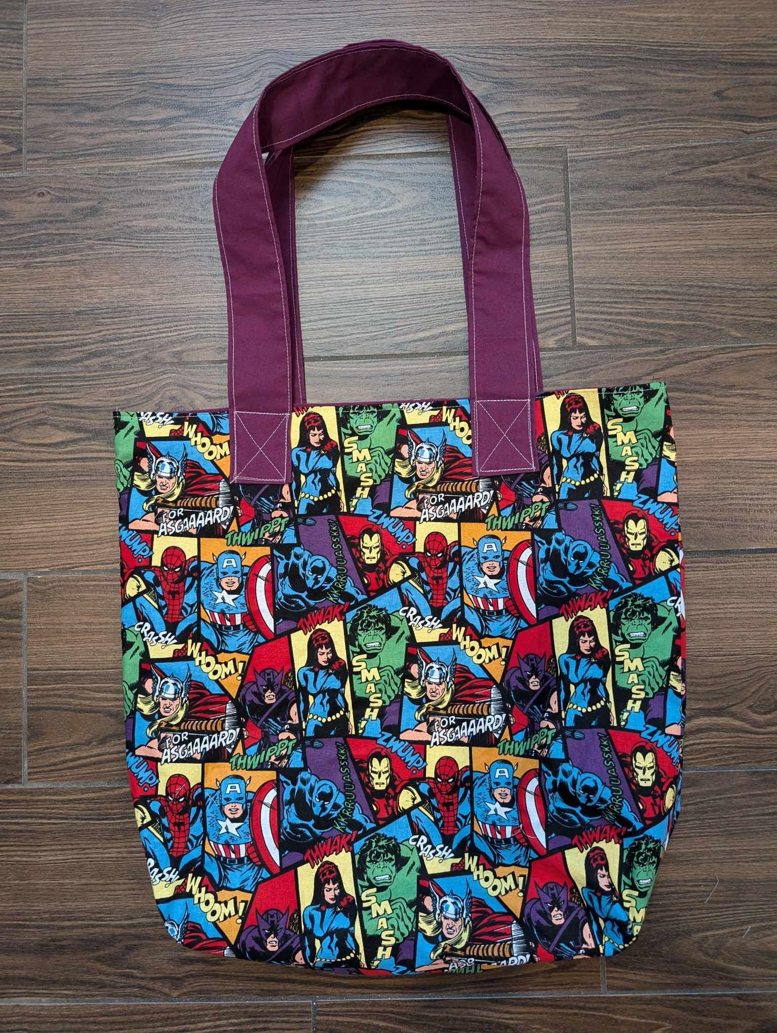 Vintage Super Hero Tote Bag, Super Heroes, Comic Books, Geeky Tote Bag, Nerdy Tote Bag, Purple, Back to School, Purse, Shopping Bag, Comics