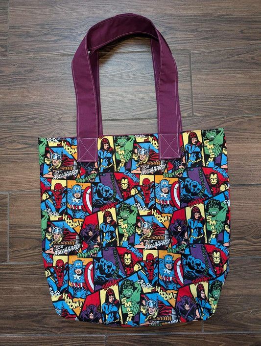 Vintage Super Hero Tote Bag, Super Heroes, Comic Books, Geeky Tote Bag, Nerdy Tote Bag, Purple, Back to School, Purse, Shopping Bag, Comics