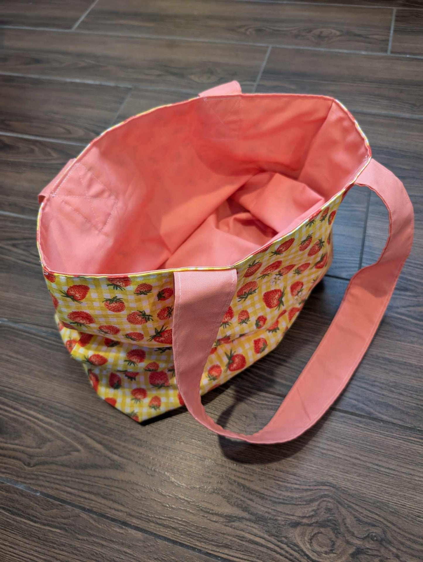 Yellow Strawberry Tote Bag, Yellow and Peach, Yellow Gingham, Summer Tote, Reusable Shopping Bag, Back to School, Purse, Tote, Soft Bag