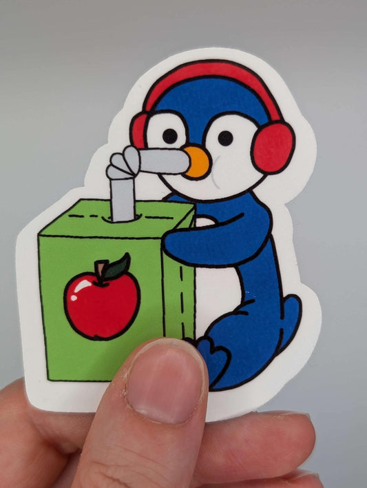 Buddy Sticker, Apple Juice Box, Penguin Sticker, Headphones, Chibi, Cute, Stationary, Back to School, Handmade Sticker, Original Art, Cute