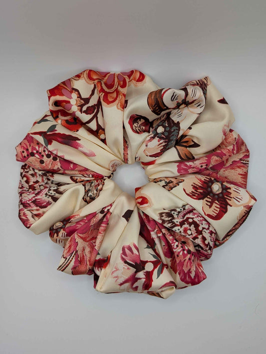 XL Sateen Autumn Scrunchie, Red, Cream, Beige Floral, Fall Florals, Autumn Vibes, Hair Accessories, Bridal, Prom, Wedding, Bridesmaids, Cozy